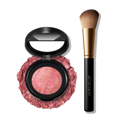 LAURA GELLER Baked Blush-n-Brighten Marbleized Blush + Angled Brush, Pink Buttercream