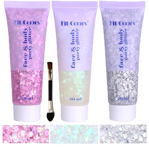 Body Glitter Face Glitter Gel: Singer Concerts Disco Festival Rave Accessories Face Glitter Makeup 150ml Chunky Sequins Mermaid Face Body Hair Glitter Gel (White&Silver&Pink)