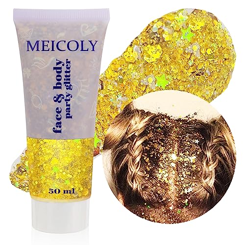 MEICOLY Gold Body Glitter,Yellow Face Glitter,Music Festival Singer Concert Outfits for Women,Holographic Hair Glitter Kids Makeup,Self-Adhesive Sparkle Face Body Glitter,Mardi Gras Accessories